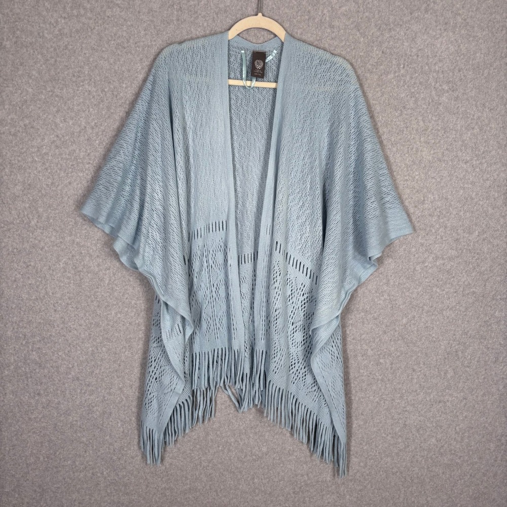 Vince‎ Camuto Crochet Poncho Wrap Cardigan OS Light Blue Open Knit Fringe Trim